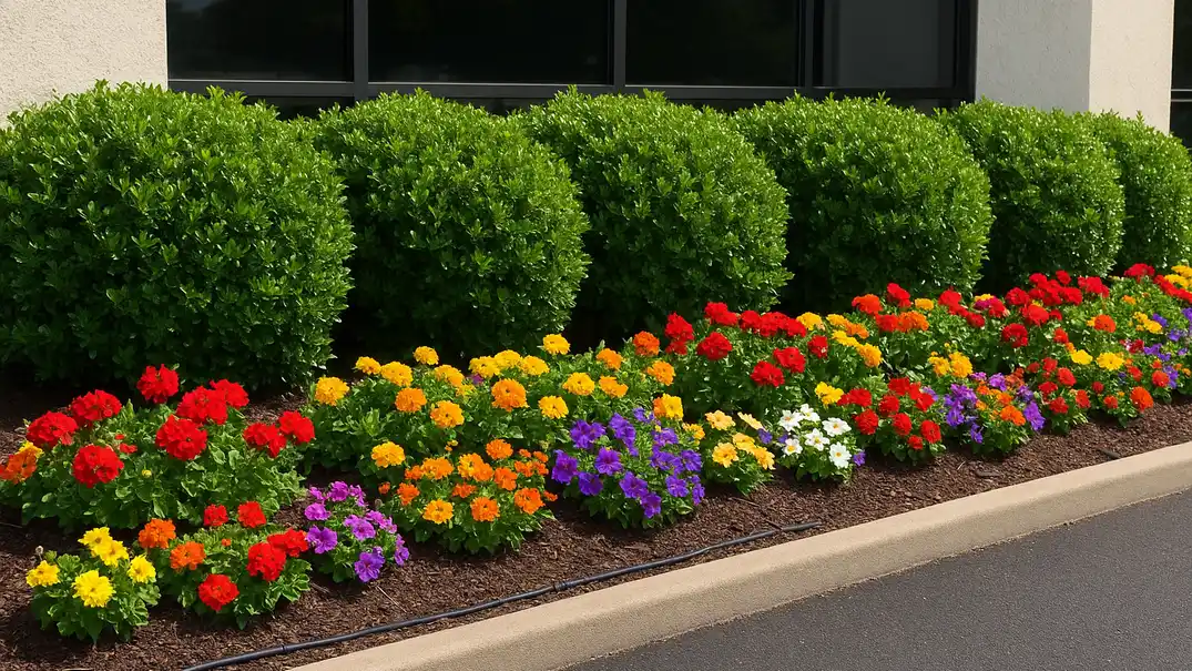 Commercial building front bed with dense ornamental shrubs and colorful annuals in full sun next to dark pavement, irrigation lines visible at soil level.